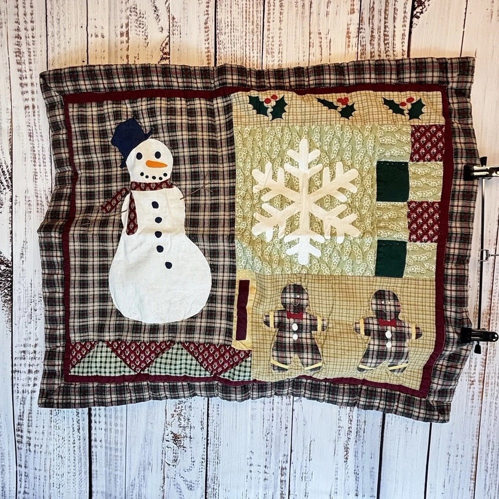 Vtg 2 Christmas Pillow Shams Cotton 20 x 24" Snowman‎ Farmhouse Patchwork Plaid